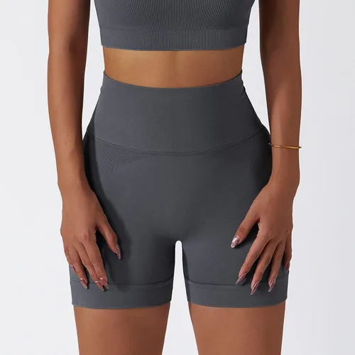 Vista 68 de Conjuntos de entrenamiento para mujer, 2 piezas, sin costuras, acanalada, sin mangas, brasier deportivo, cintura alta, pantalones cortos