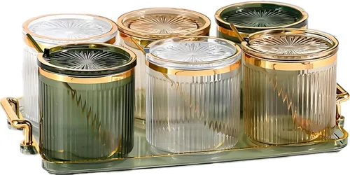 Vista 16 de Frascos Acrílicos para Condimentos y Especias, Caja de Condimentos y Especias con Tapas y Cucharas y Bandeja, Recipientes de Plástico Transparente