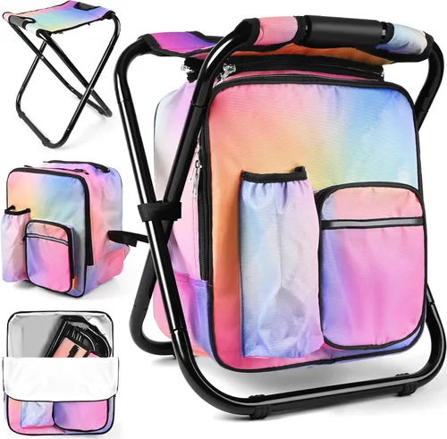 Vista 23 de Kikerike Mochila plegable con aislamiento, silla plegable para camping, caza, pesca, multifunción con bolsillo frontal y bolsillo para botella
