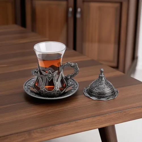 Vista 5 de Alisveristime Juego de 6 vasos de té turco hechos a mano Zamzam para servir vasos platillo y cuchara (negro)