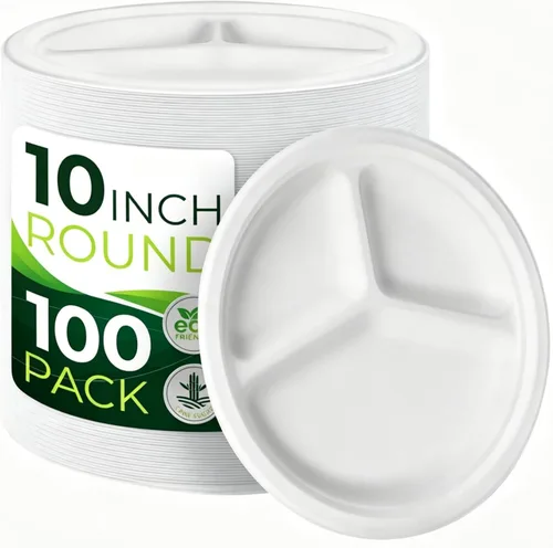 Vista 10 de 150 platos de papel marrón 100% compostables de 10 pulgadas, platos desechables resistentes de 3 compartimentos, platos seccionales ecológicos