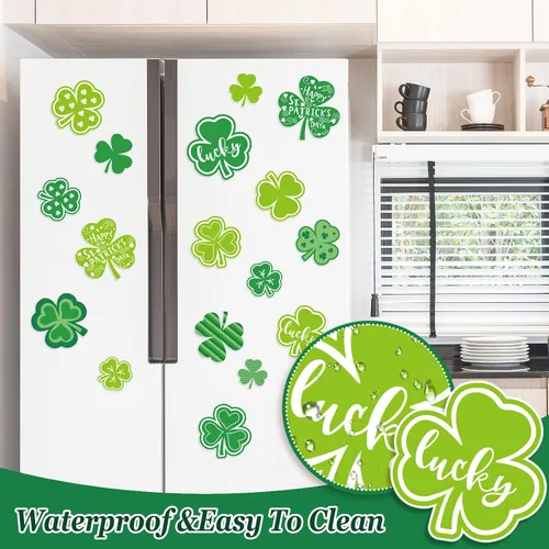 Vista 4 de Whaline 17 imanes para refrigerador del día de San Patricio, trébol verde, calcomanías magnéticas de trébol de la suerte, imán decorativo de garaje