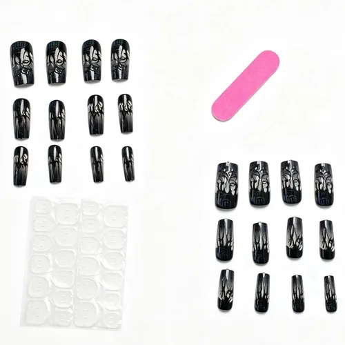 Vista 4 de Uñas postizas de Halloween a presión medianas con diseño de ataúd oscuro gótico embrujado, castillo muerto, diseño de árbol muerto, uñas postizas