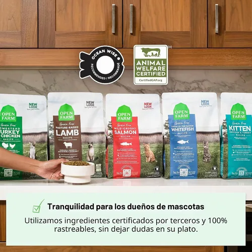Vista 5 de Open Farm, Alimento seco para gatos sin granos, croquetas altas