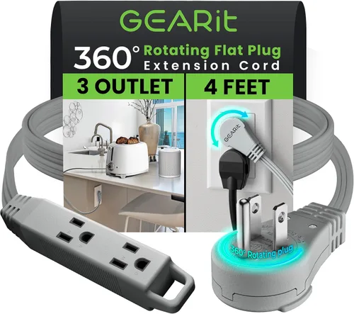 Vista 15 de GEARit Cable de extensión de enchufe plano giratorio de 360° de 3 pies, cable de alimentación de perfil bajo de 3 salidas, ahorro de espacio
