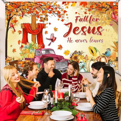 Vista 5 de YE SU - Fondo de fotografía con texto en inglés "Fall for Jesus", "Jesús Él Never Leave", fondo de fotografía de otoño, calabaza, hojas de arce