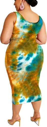 Vista 2 de Conjunto vestido a media pierna de 2 piezas de talla plus, conjunto de falda ajustada, top ajustado, estampado estilo hippy sin mangas