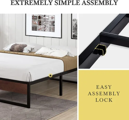 Vista 5 de HOOMIC Base de cama de plataforma de metal de 14 pulgadas con estribo de madera rústica, base de colchón con almacenamiento, listones de metal, sin