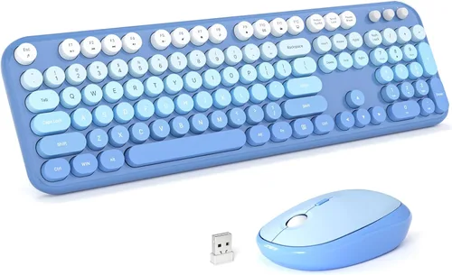 Vista 17 de MOFII Combo de teclado y mouse inalámbricos, máquina de escribir compacta, juego de teclado y mouse redondos retro, Plug and Play, para Windows