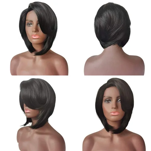 Vista 3 de SCENTW Pelucas sintéticas de corte corto para mujer, resistente al calor, pelucas afroamericanas con flequillo lateral, pelucas completas negras