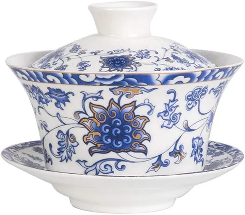 Vista 10 de Liang baobao Juego de Té Tradicional Gaiwan con Tapa y Platillo Taza de Té Gongfu de Porcelana Diseño Azul de Loto Tazas de 200ml