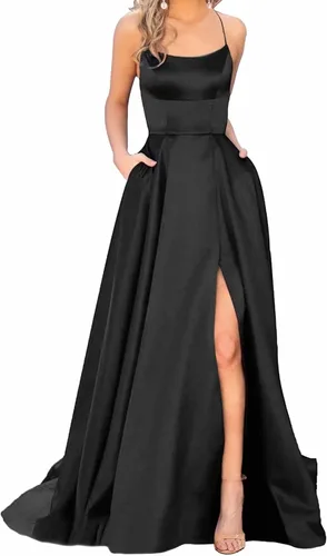 Vista 9 de ZLQQ Vestidos de noche formales divididos con tirantes delgados vestidos de satén largos con bolsillos para mujer