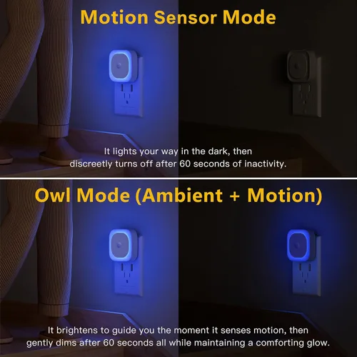 Vista 3 de YUNLEX Paquete de 2 luces nocturnas enchufables con sensor de movimiento y sensor de atardecer a amanecer, 3 modos de sensor, luces nocturnas azules
