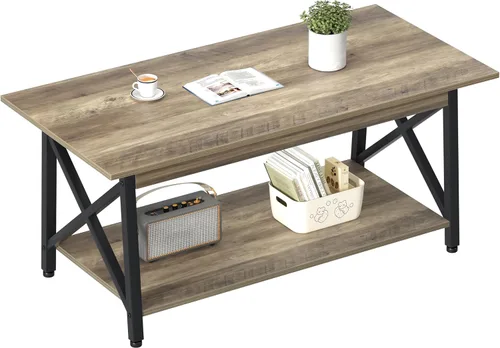 Vista 10 de GreenForest Mesa de centro con almacenamiento, mesa de centro moderna de 2 niveles de 39 pulgadas para sala de estar, mesa de centro de granja