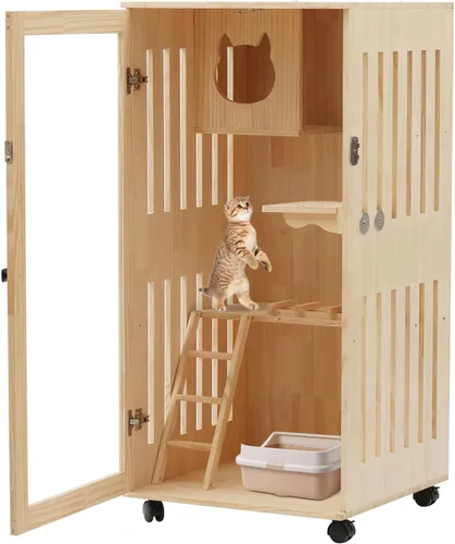 Vista 5 de Casa grande de madera para gatos de 2 pisos, refugio cómodo, multifunción, condominio para gatos, plataformas con ruedas