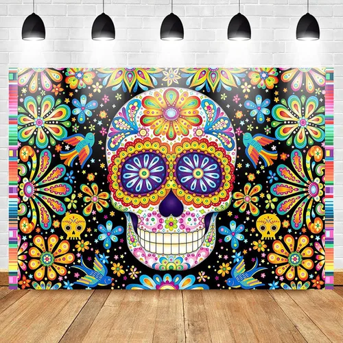 Vista 2 de Mocsicka Telón de fondo del Día de los Muertos, decoración mexicana de calavera y flores de calavera, cumpleaños, baby shower, fiesta, fotografía