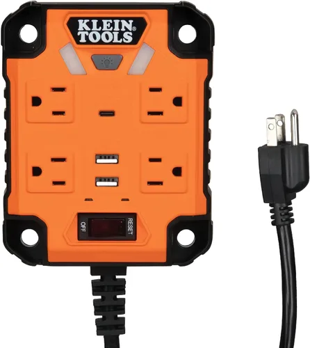 Vista 5 de Klein Tools Paquete de mini ventilador USB recargable con batería con tira de alimentación magnética, protector de sobretensiones, luz LED, puertos