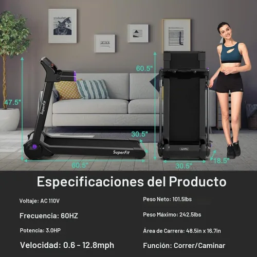 Vista 9 de Goplus 3HP Caminadora eléctrica plegable, caminadora autoestable con control de aplicación, altavoz de dientes azules, pantalla táctil HD, sin