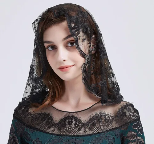 Vista 2 de Velo de Mantilla de encaje floral para la misa latina de la iglesia, Talla libre