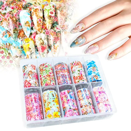 Vista 2 de 10 hojas de transferencia de lámina de uñas, diseño de flor de Cupido en ángulo, calcomanías de uñas, calcomanías de arte de uñas, tiras