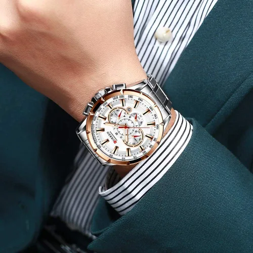 Vista 5 de Causal Sport Cronógrafo Reloj de pulsera de acero inoxidable con esfera grande Relojes de cuarzo con punteros luminosos