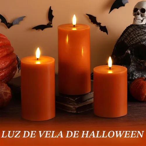 Vista 6 de Juego de 3 velas de pilar sin llama con control remoto, color naranja