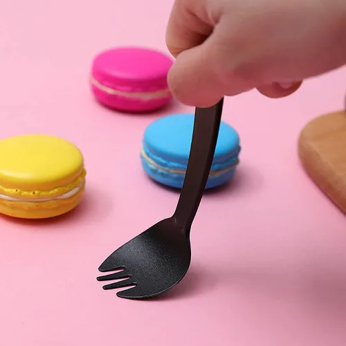Vista 5 de 100 piezas desechables de plástico Spork de peso medio cubiertos negros tenedores perfectos para la escuela, almuerzo, picnic, restaurantes, fiestas