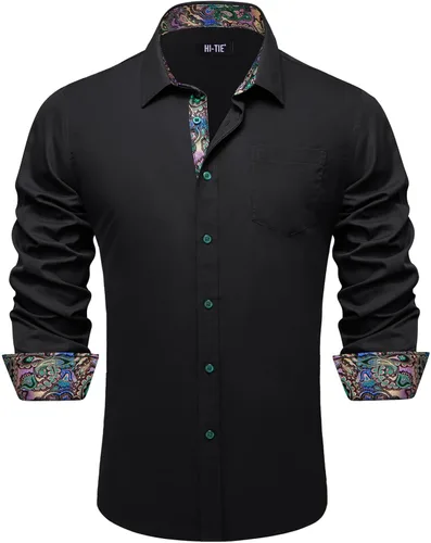 Vista 24 de Hi-Tie Camisa de manga larga jacquard con contraste interior sin arrugas para hombre