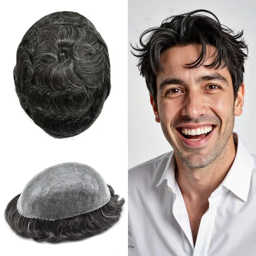 Vista 189 de Toupee para hombre 100% cabello humano real tupé para hombres 0.004 in piel de poliuretano para hombre, sistema de reemplazo de piezas de pelo