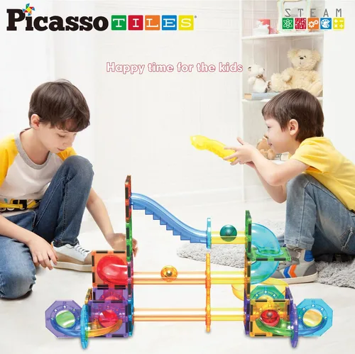 Vista 2 de PicassoTiles Carrera de Canicas Juego de 60 piezas, pista de carreras, bloques de construcción magnéticos, juguete educativo, kit de construcción