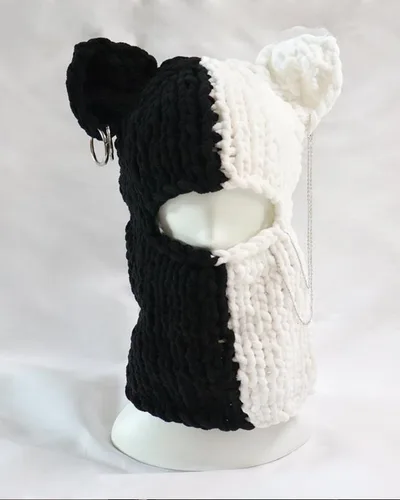 Vista 4 de Máscara de esquí de punto con diseño de ganchillo, máscara facial con diseño de conejo divertido en 3D, para Año Nuevo, clima frío o fiesta