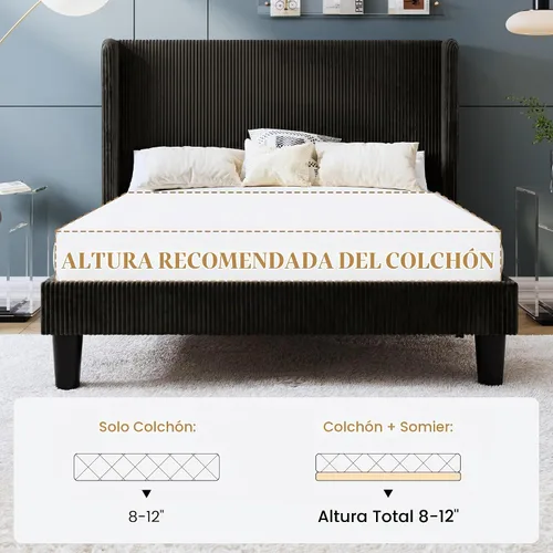 Vista 8 de SHA CERLIN - Base de cama tamaño Full tapizada en pana con plataforma y cabecera acolchada con diseño acanalado vertical estilo wingback, 8