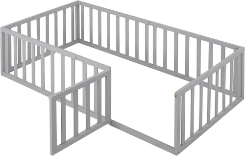 Vista 3 de Harper & Bright Designs Cama Montessori doble con valla y puertas, marco de cama de piso para espacios pequeños, sin rejas, gris