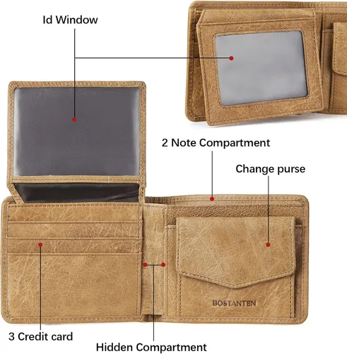 Vista 4 de BOSTANTEN Billeteras de piel auténtica para hombre, con bloqueo RFID y 2 ventanas de identificación