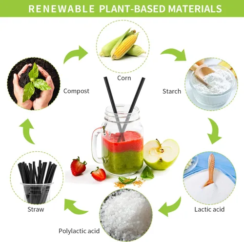 Vista 2 de Pajitas biodegradables compostables envueltas individualmente, pajitas negras desechables de ácido poliláctico (PLA) a base de plantas