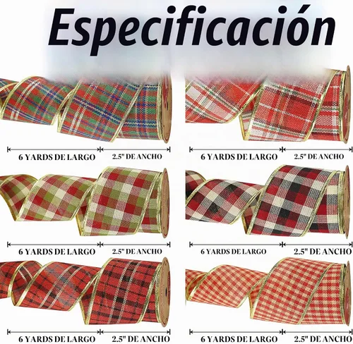 Vista 2 de MEEDEE - Cintas de Navidad a cuadros de 2.5 pulgadas, 6 rollos, 36 yardas con alambre para decoración de árbol de Navidad y guirnaldas Cuadros