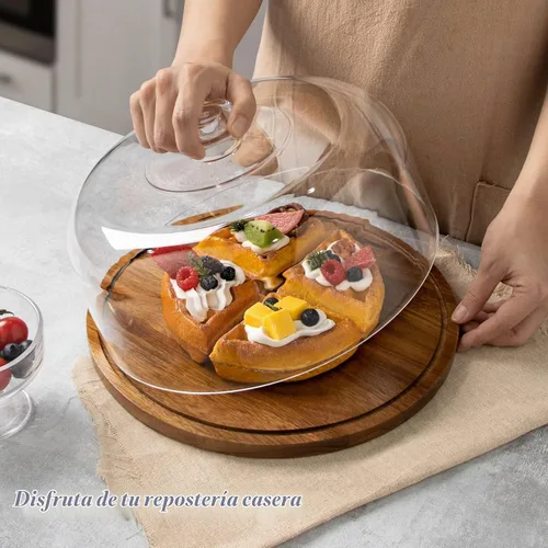 Vista 3 de ANBOXIT Soporte para pasteles con tapa de cúpula, plato de madera de acacia con tapa, soporte de exhibición de pastel de madera con cúpula acrílica