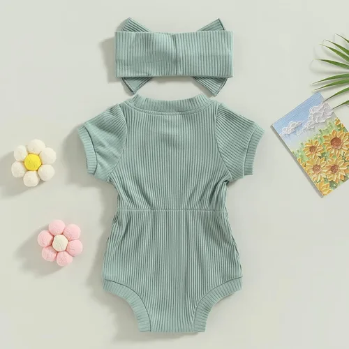 Vista 24 de Traje de verano para niña pequeña, de manga corta, acanalado, overol liso, pantalones cortos, ropa para recién nacidos