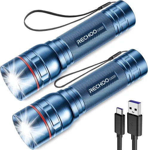 Vista 17 de RECHOO Linternas recargables de alta luminosidad, G1000 súper brillante, pequeña linterna LED con zoom y 3 modos de iluminación, linterna táctica