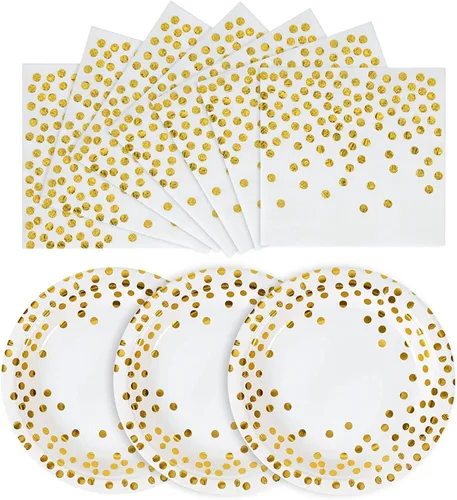 Vista 18 de Platos de papel negro y dorado, paquete de 50 unidades, 25 platos de papel de 7 pulgadas y 25 servilletas de 6.5 pulgadas, platos negros