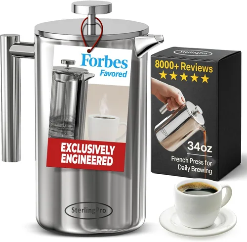 Vista 13 de SterlingPro Cafetera de prensa francesa de acero inoxidable, grande, 1 L (34 onzas), color negro, prensa de café duradera con aislamiento de doble