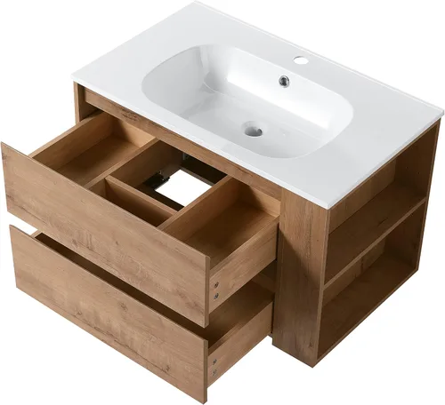 Vista 7 de SSLine Moderno tocador de baño flotante de 30 pulgadas con lavabo montado en la pared con lavabo superior y 2 cajones y estante abierto, armario