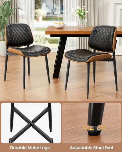 Vista 7 de Juego de 2 sillas de comedor, modernas sillas tapizadas de piel sintética de mediados de siglo con respaldo de nogal y patas de metal, pies