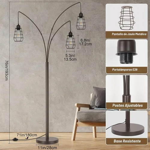 Vista 2 de Lámpara de Pie Industrial, Lámpara de Pie de Arco de 3 Luces para Sala de Estar, Lámpara de Pie Alta de 76 Pulgadas con Pantallas de Jaula de Metal