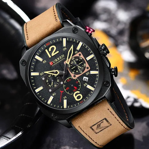 Vista 5 de KAIGOPAW Reloj de cuero para hombre, cuadrado, multifunción, cronógrafo, cuarzo, impermeable, a la moda