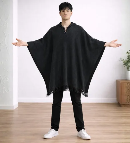 Vista 3 de Poncho de lana de alpaca Gamboa para hombre, panchos mexicanos con capucha para adultos, poncho de vaquero y estilo western hippie para hombre