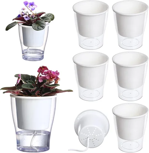 Vista 11 de 3 paquetes de macetas grandes transparentes de riego automático de 7 pulgadas, macetas de plástico de color violeta africano, macetas de plástico