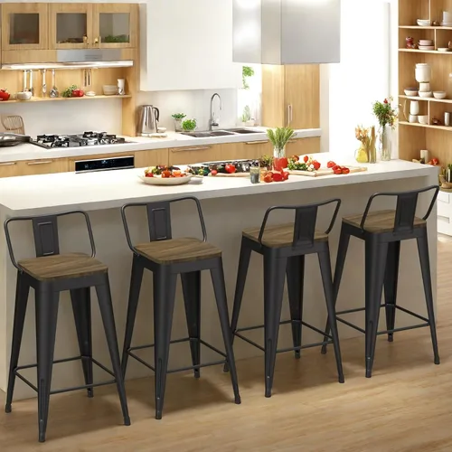 Vista 28 de Juego de 4 taburetes de bar de metal, taburetes de bar con respaldo alto con asiento de madera, taburetes de bar negros de 24 pulgadas para isla