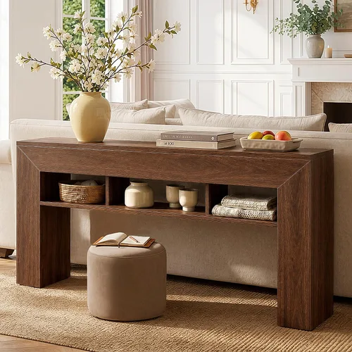 Vista 8 de EnHomee Mesa de consola de 63 pulgadas de largo para entrada con estantes de almacenamiento extra, mesa de sofá de estilo granja detrás del sofá