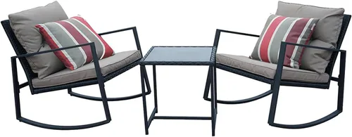 Vista 5 de Kozyard Juego de 3 sillas mecedoras para exteriores con mesa auxiliar y cojines, juego de muebles de mimbre para jardín, porche, patio trasero